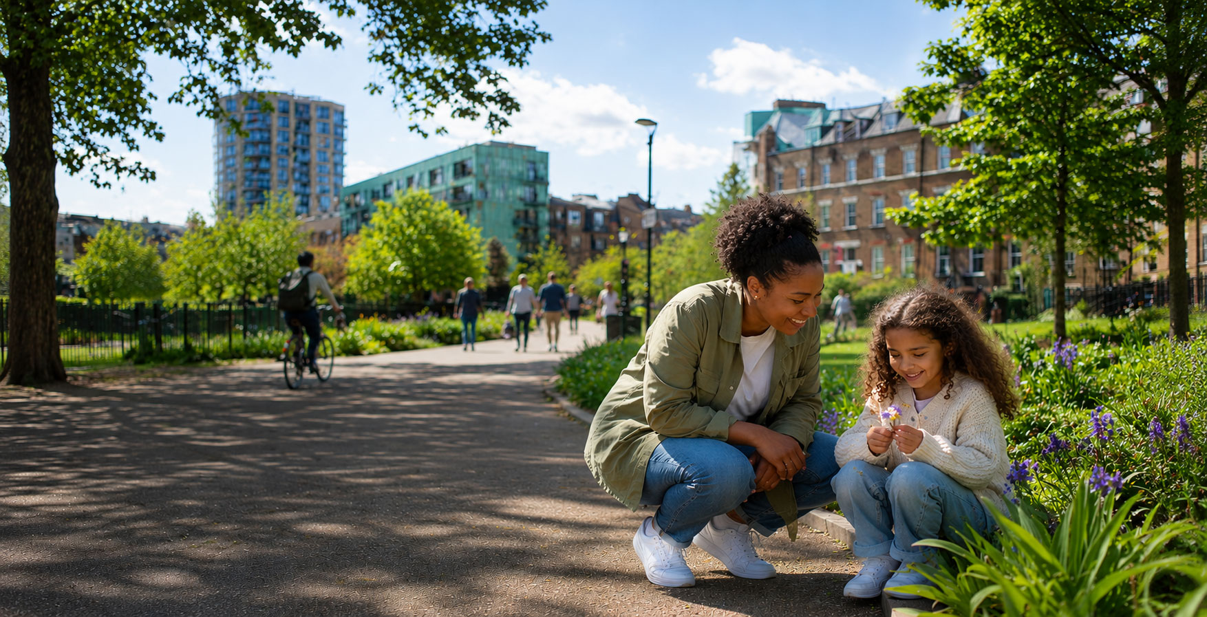 Hackney borough scene with green spaces and residents