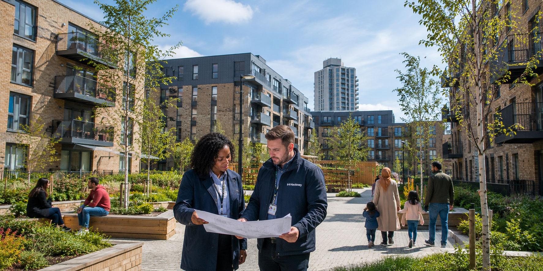 Hackney Council staff reviewing building plans at a housing development