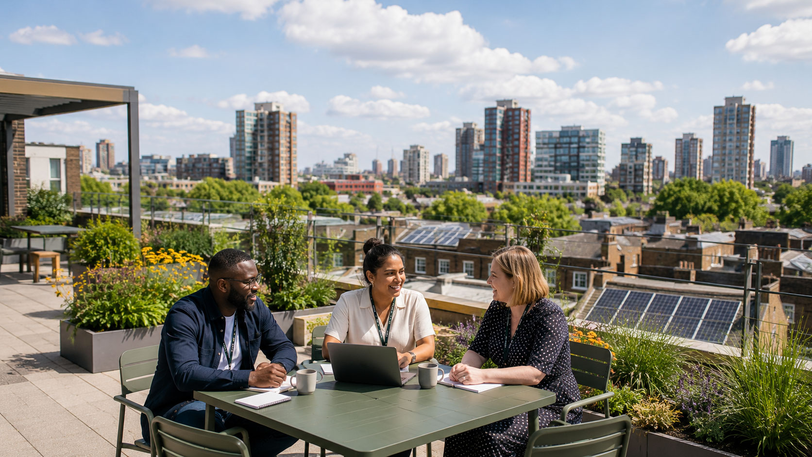 Hackney Council colleagues in a team meeting on a rooftop terrace