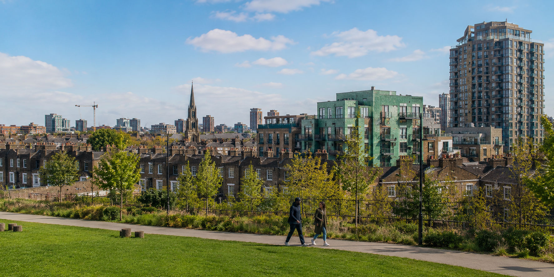 View across Hackney rooftops and green spaces with the borough skyline