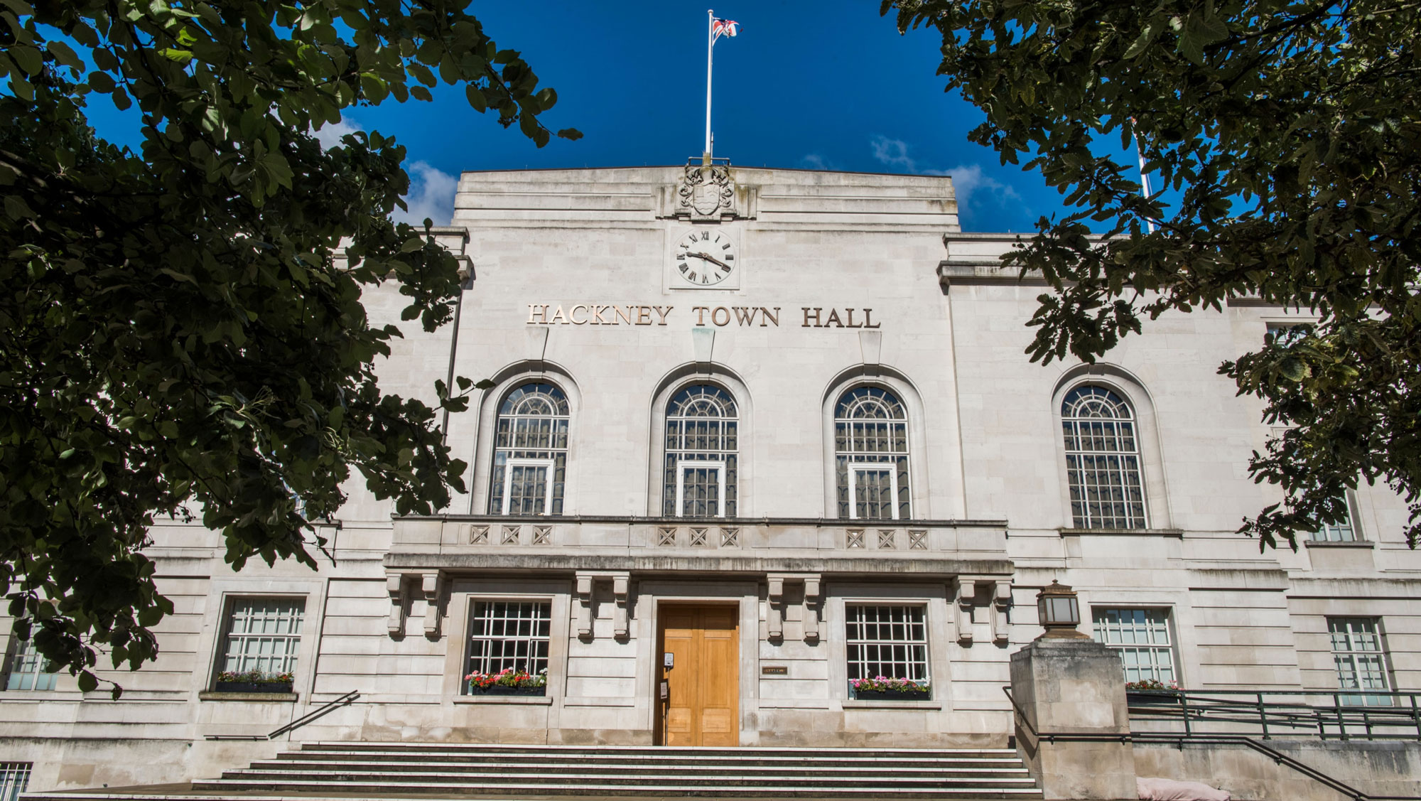 Hackney Town Hall on a bright sunny day